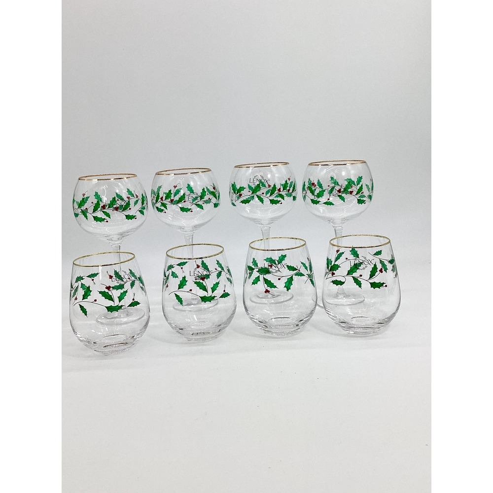 Lenox Christmas Wine Glasses, Set of 8: Gold Rim Holly Barware  (TBL) - Picture 8 of 11